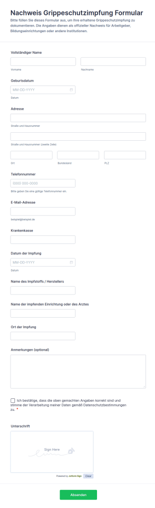 Nachweis Grippeschutzimpfung Formular
