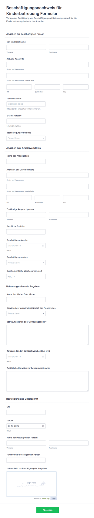 Nachweisformular Für Kinderbetreuung Beschäftigung
