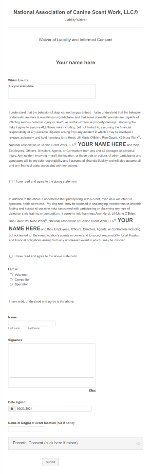 NACSW Event Waiver Form Template