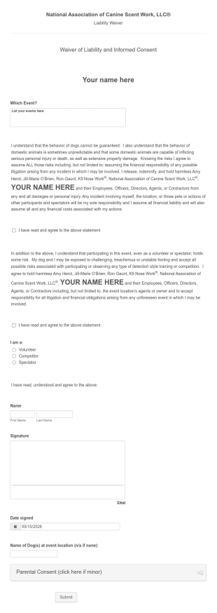 NACSW Event Waiver Form Template