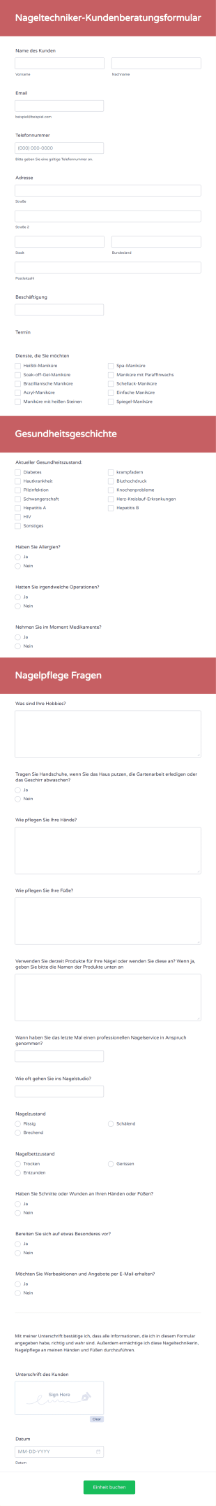 Nageltechniker Kundenberatungsformular Form Template