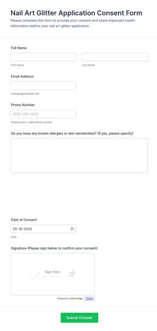 Nail Art Glitter Application Consent Form Template