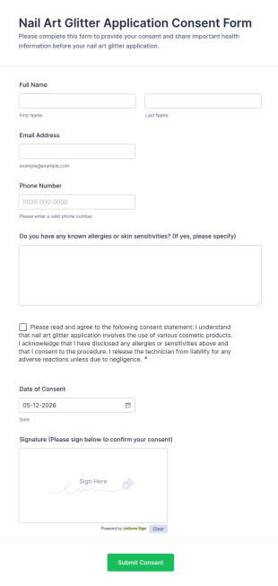 Nail Art Glitter Application Consent Form Template