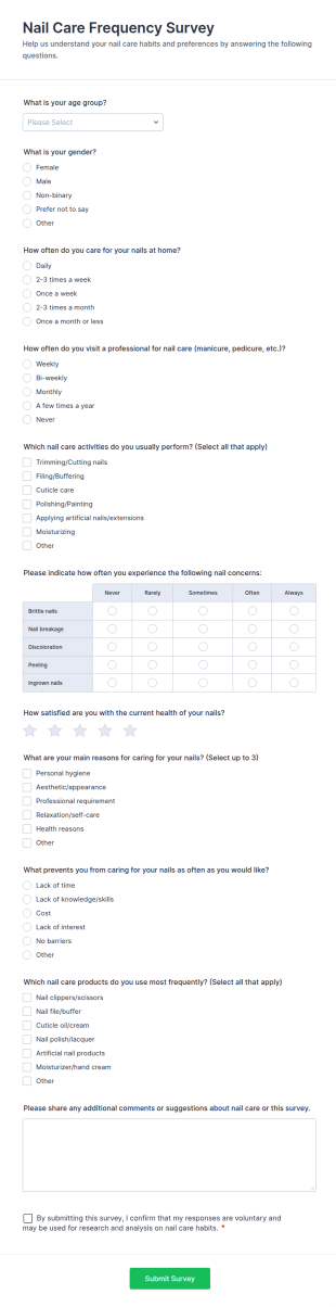 Nail Care Frequency Survey Form Template