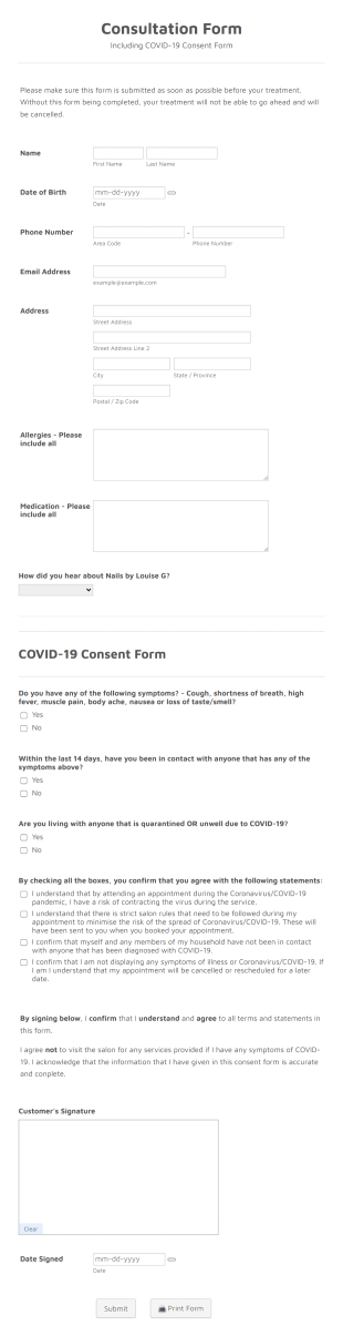 Nail Consultation FormCOVID 19 Form Template