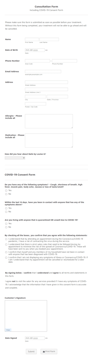 Nail Consultation FormCOVID 19 Form Template