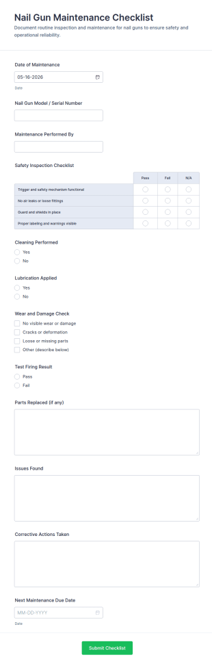 Nail Gun Maintenance Checklist Form Template