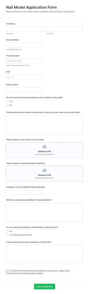 Nail Model Application Form Template