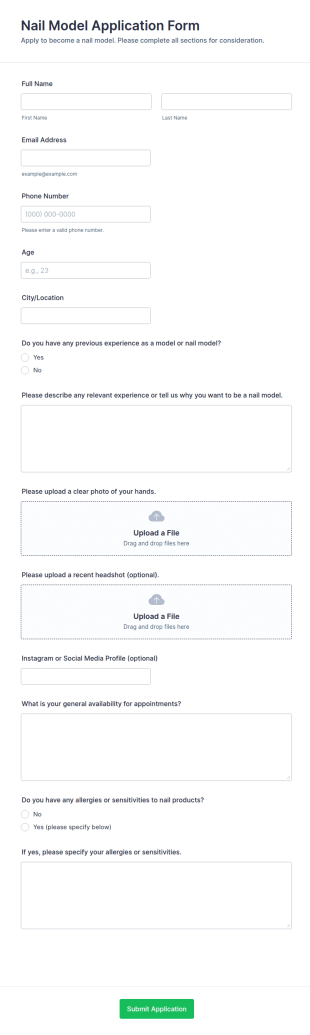 Nail Model Application Form Template