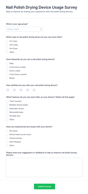 Nail Polish Drying Device Usage Survey Form Template