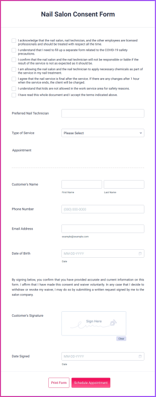 Nail Salon Consent Form Template