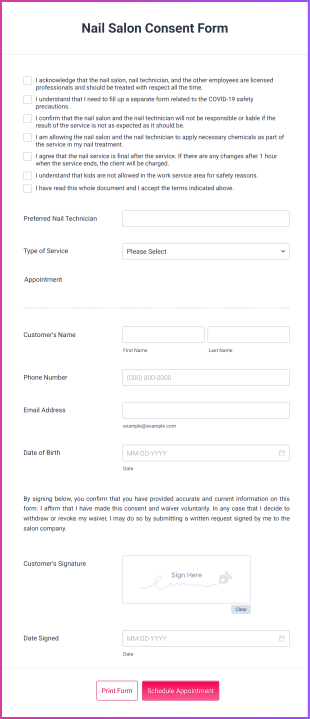 Nail Salon Consent Form Template