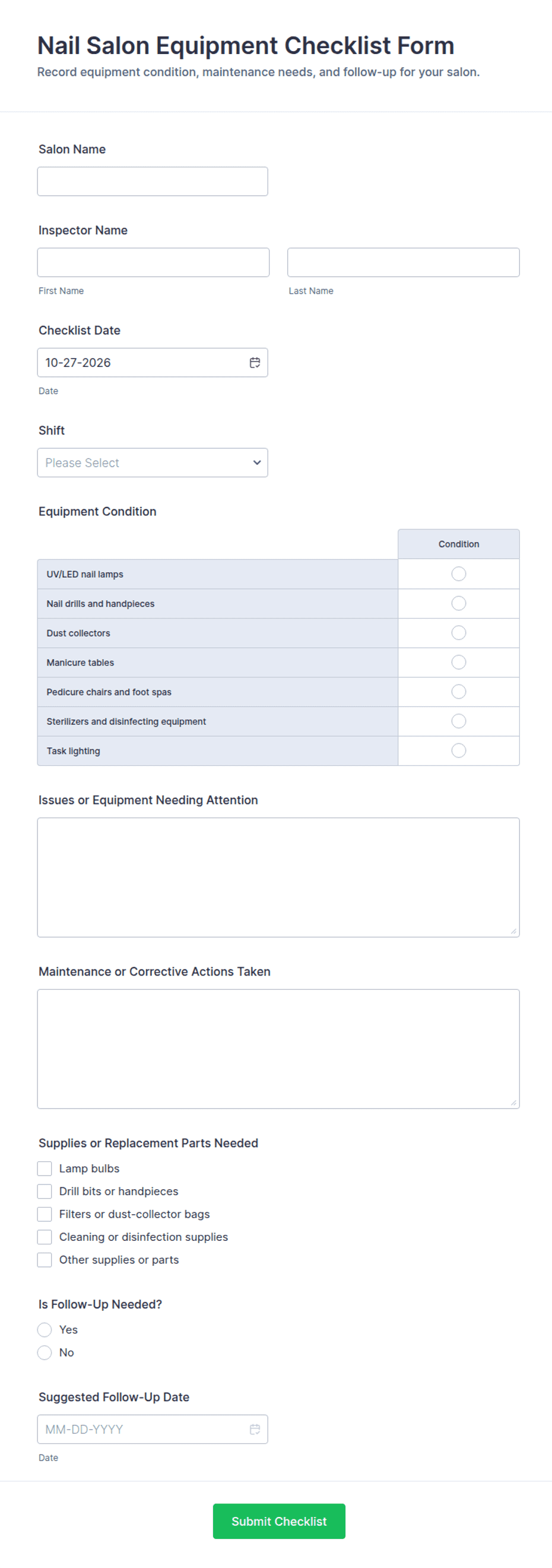 Nail Salon Equipment Checklist Form Template | Jotform
