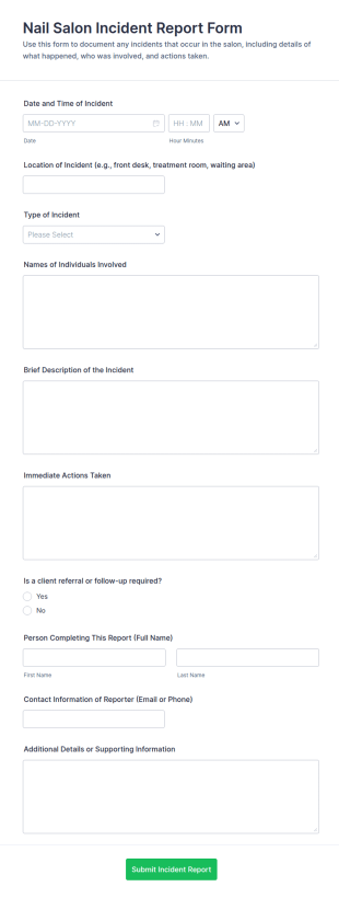 Nail Salon Incident Report Form Template