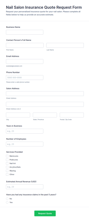 Nail Salon Insurance Quote Request Form Template