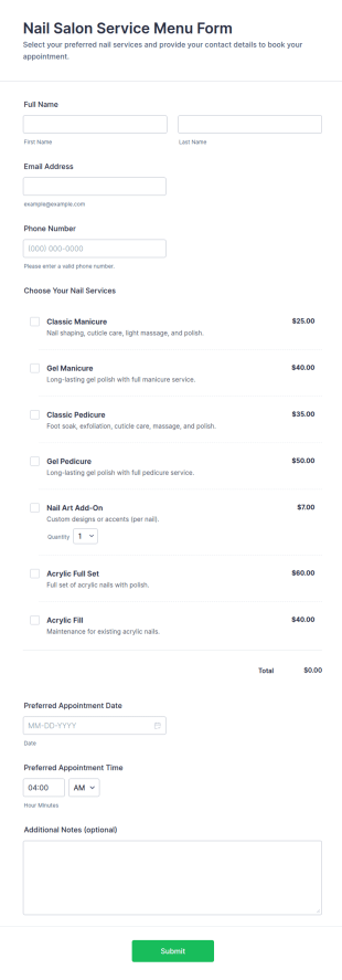 Nail Salon Service Menu Form Template