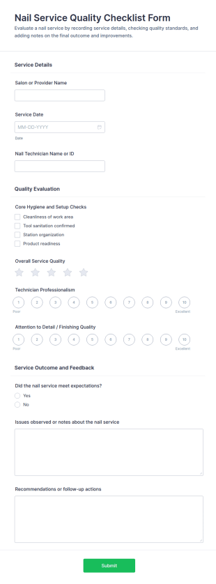 Nail Service Quality Checklist Form Template