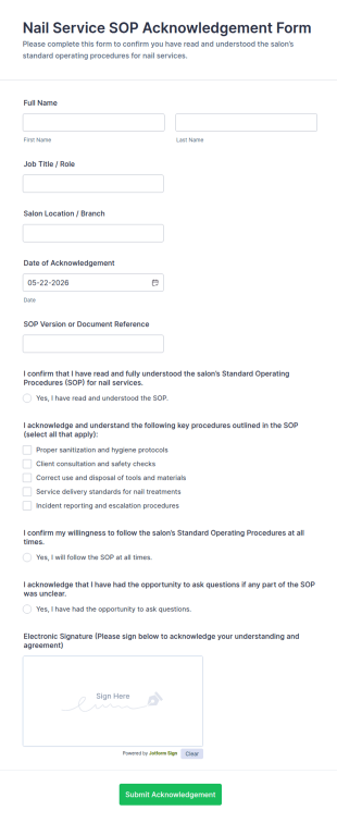 Nail Service SOP Acknowledgement Form Template