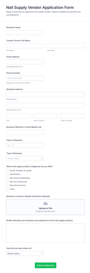 Nail Supply Vendor Application Form Template