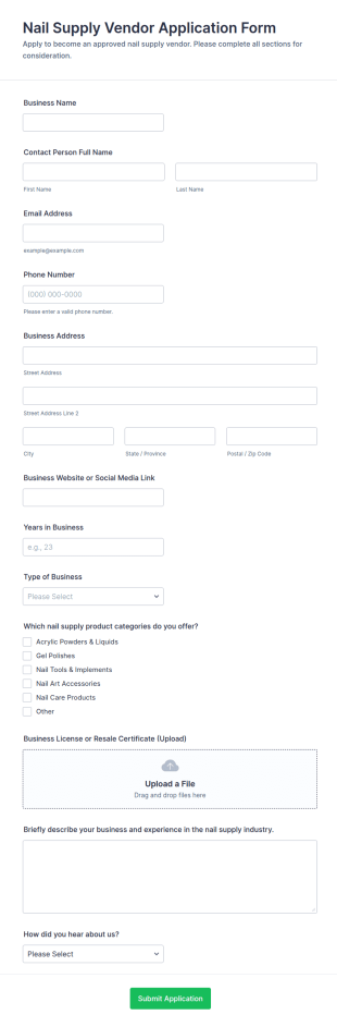Nail Supply Vendor Application Form Template