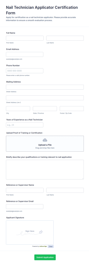 Nail Technician Applicator Certification Form Template