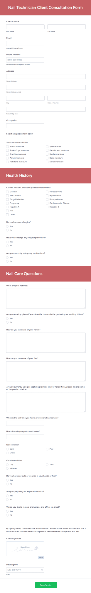 Nail Technician Client Consultation Form Template