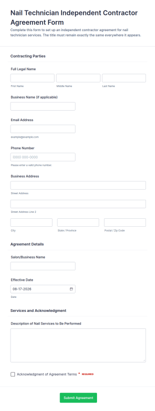Nail Technician Independent Contractor Agreement Form Template