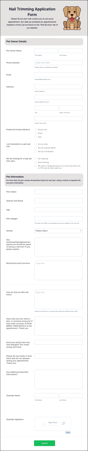 Nail Trimming Application Form Template