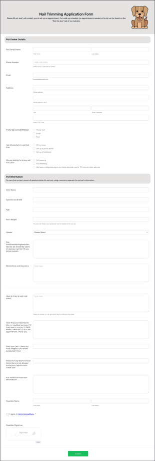 Nail Trimming Application Form Template