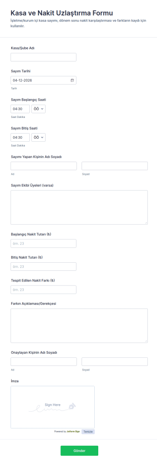 Kasa Ve Nakit Uzlaştırma Form Şablonu