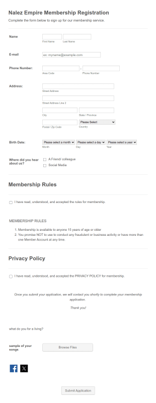 Nalez Empire Membership Registration Form Template