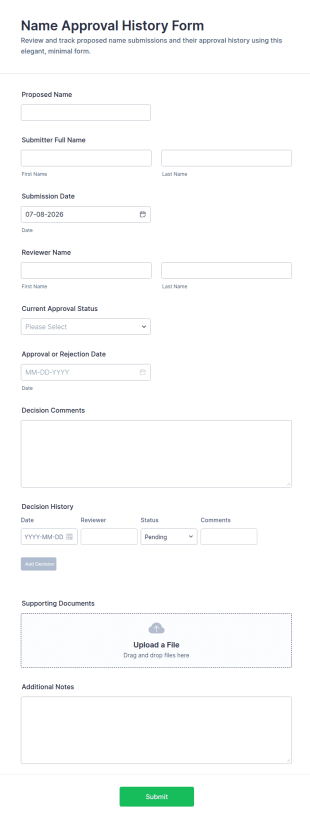 Name Approval History Form Template