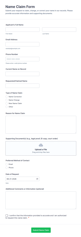 Name Claim Form Template