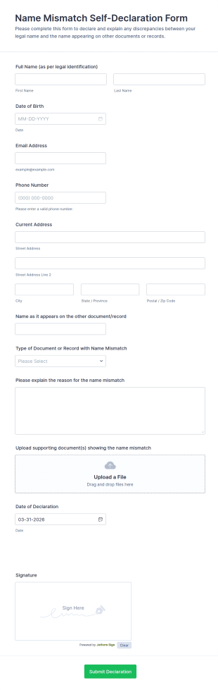 Name Mismatch Self Declaration Form Template