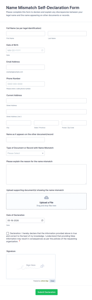Name Mismatch Self Declaration Form Template