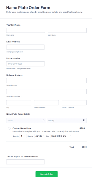 Name Plate Order Form Template
