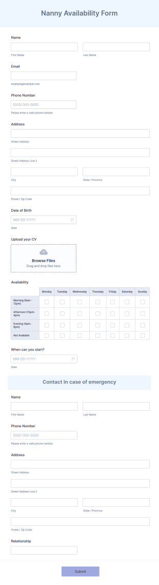 Nanny Availability Form Template