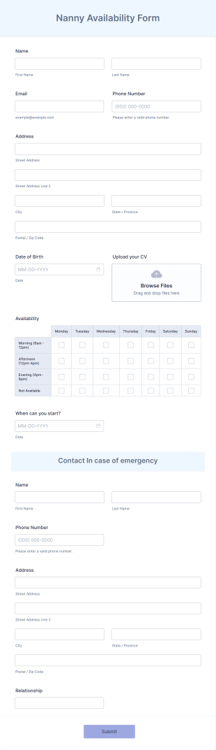 Nanny Availability Form Template