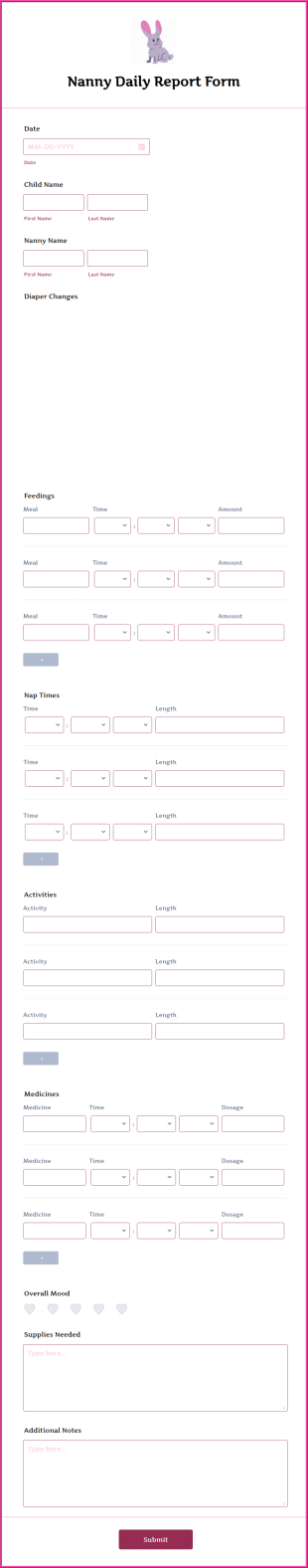 Nanny Daily Report Form Template