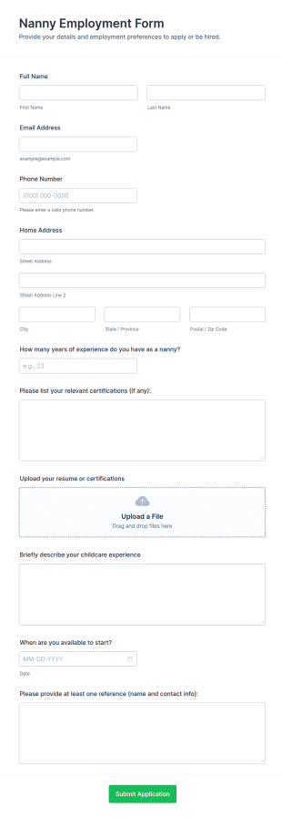 Nanny Employment Form Template
