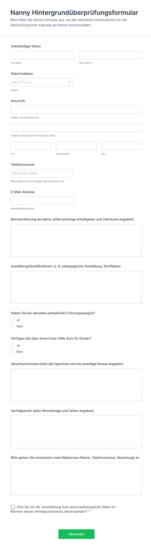 Nanny Hintergrundüberprüfungsformular
