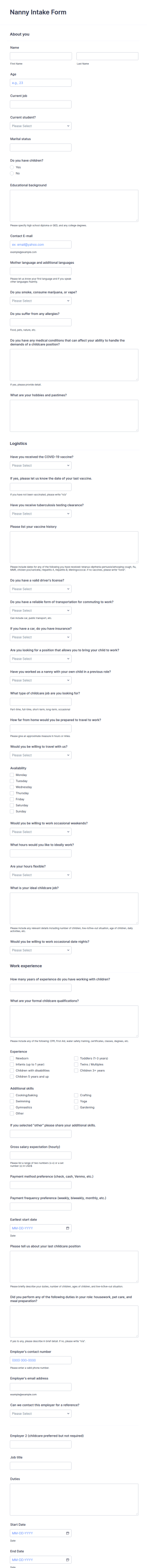 Nanny Intake Form Template