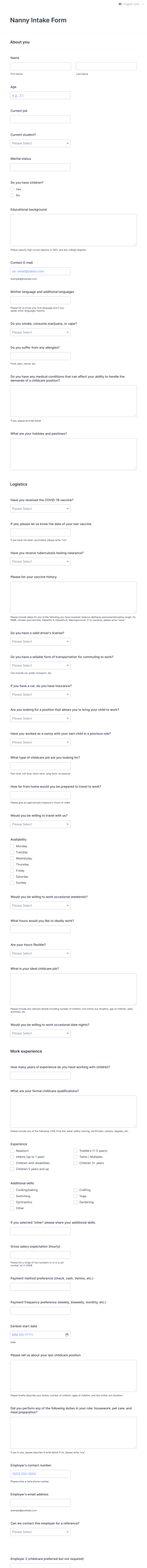 Nanny Intake Form Template