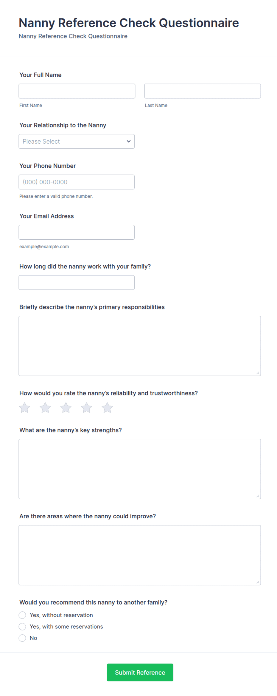 Nanny Reference Check Questionnaire Form Template | Jotform