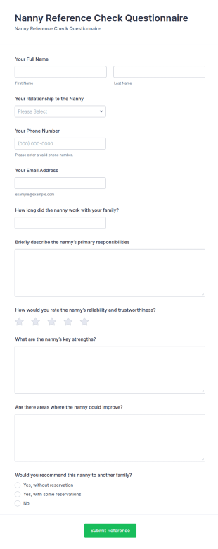 Nanny Reference Check Questionnaire Form Template