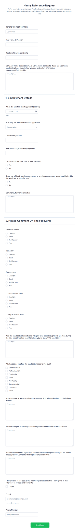 Nanny Reference Request Form Template