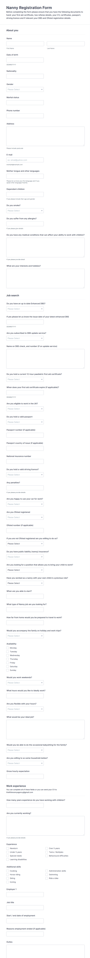 Nanny Registration Form Template