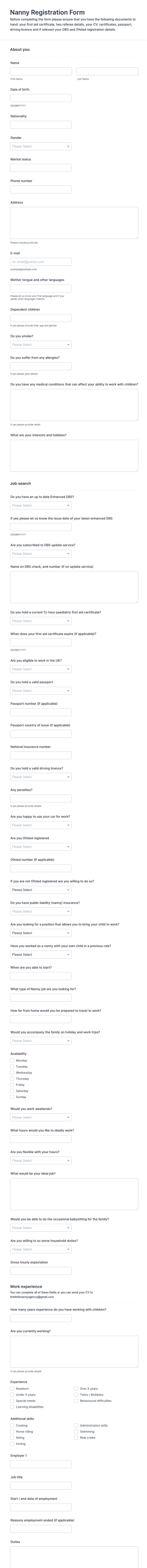 Nanny Registration Form Template