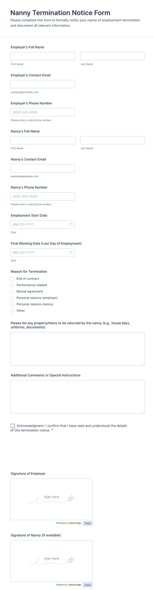 Nanny Termination Notice Form Template