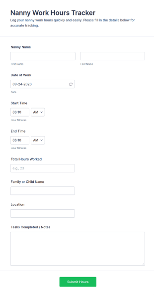 Nanny Work Hours Tracker Form Template
